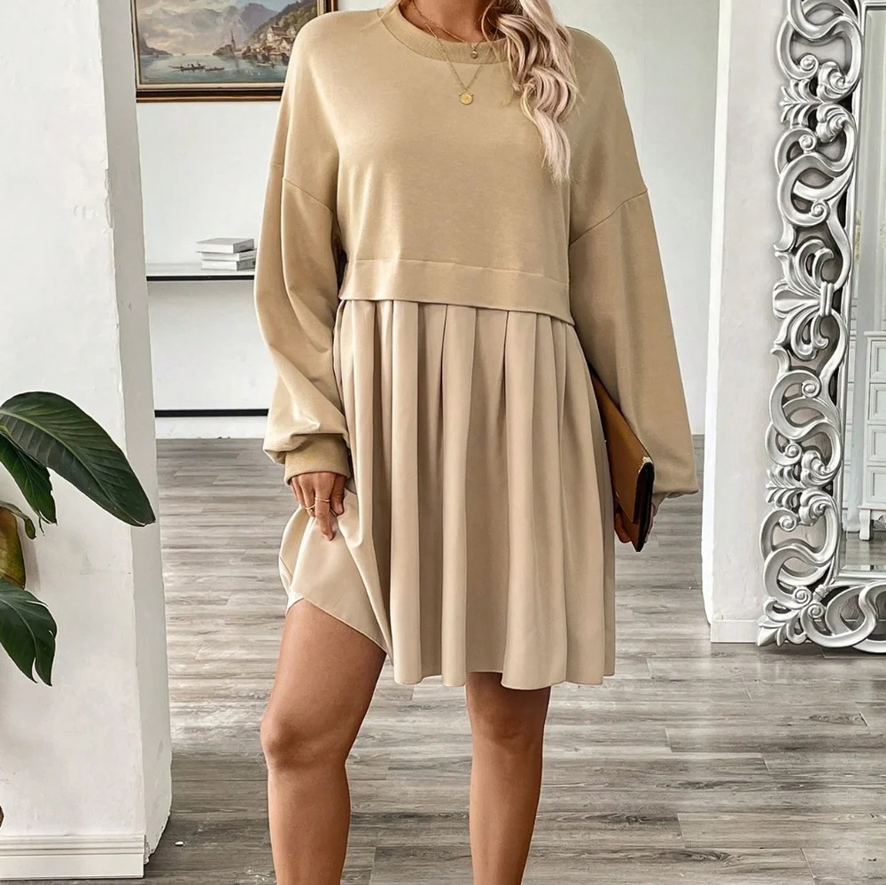 Round Neck Lantern Sleeve Pleated Long Sleeve Sweatshirt Dress - Picture 2 of 5